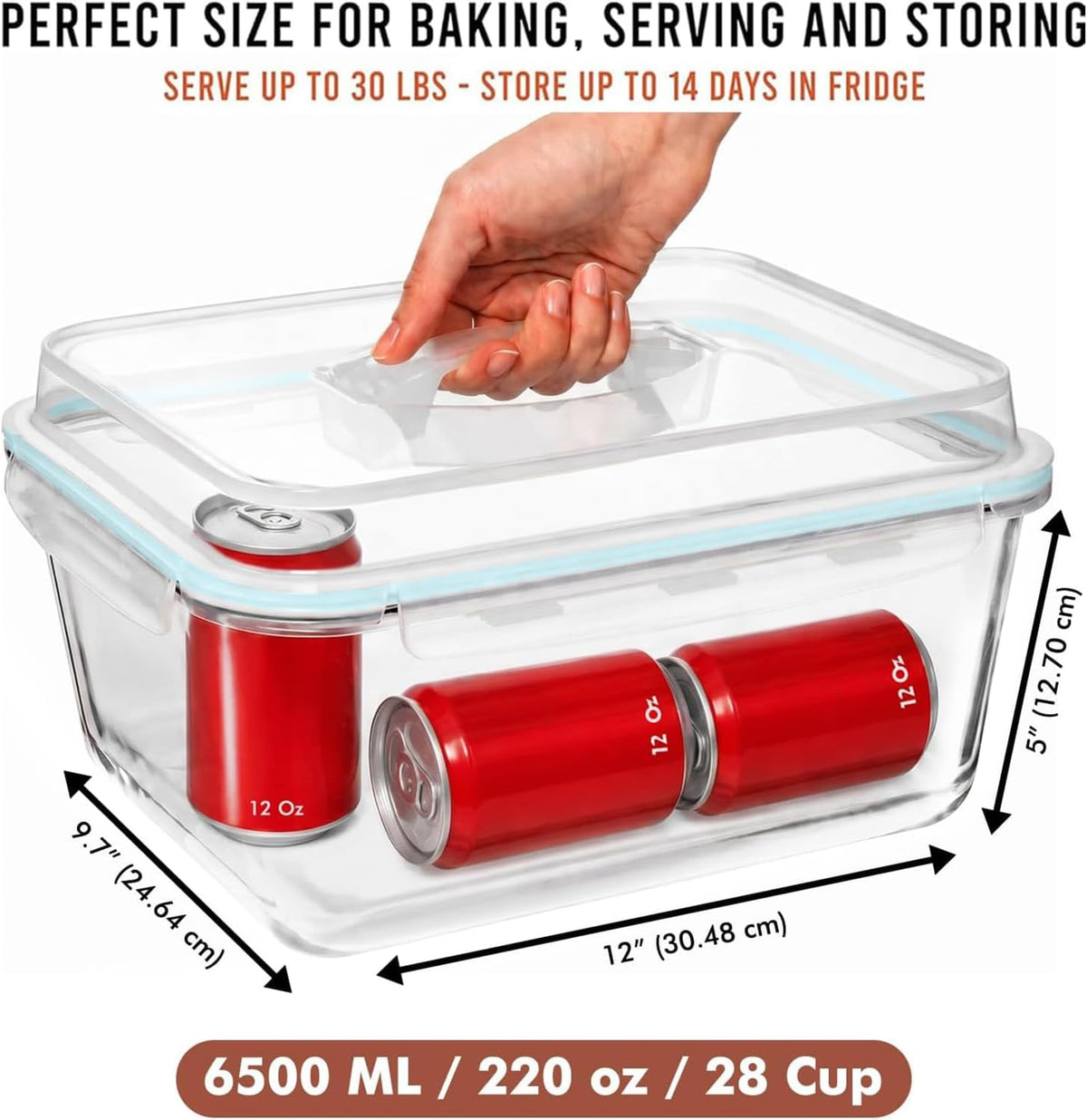 6500 ML / 220 oz / 28 Cup LARGE Glass Food Storage Container with Airtight Locking Lid. Ideal Storing food, Vegetables, Fruits. Baking Casserole, Lasagna, Roasting Turkey, Chicken BPA Free Oven Safe