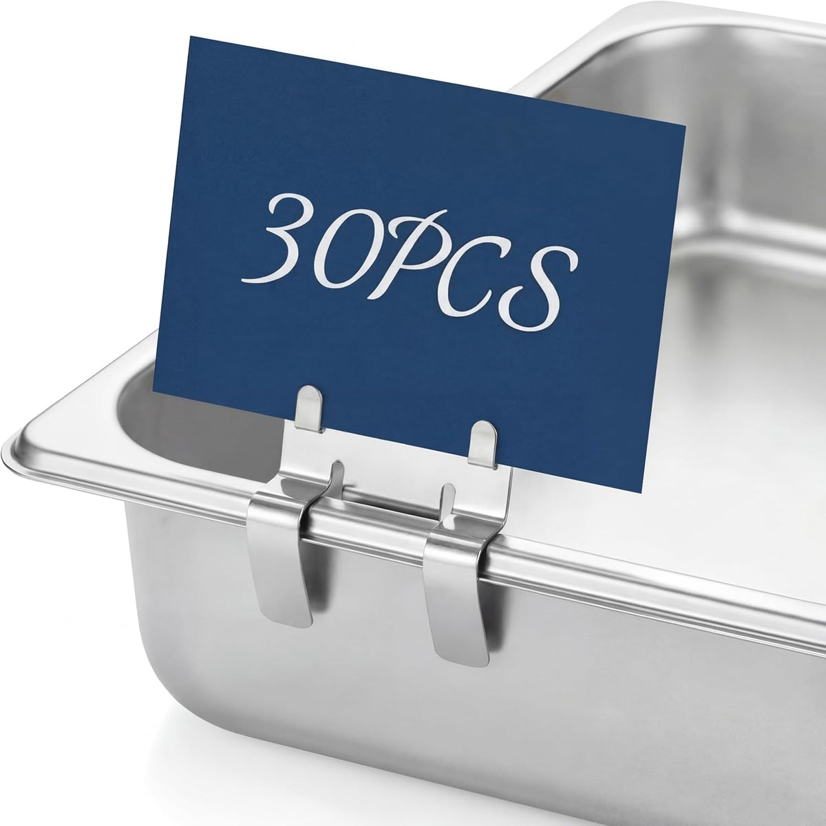 30 Pack Stainless Steel Pan Clips Metal Food Tray Label Sign Holder Clip on Buffet Label Holder for Bake Shops Retail Merchandise Restaurant Display