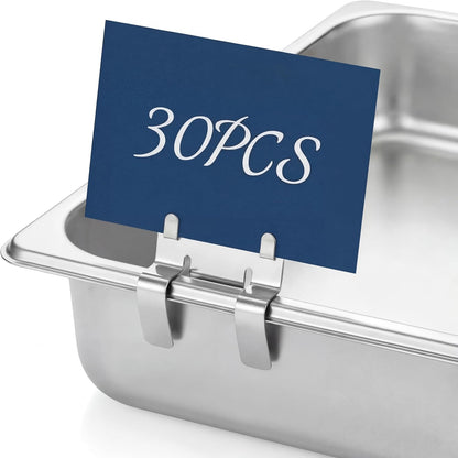 30 Pack Stainless Steel Pan Clips Metal Food Tray Label Sign Holder Clip on Buffet Label Holder for Bake Shops Retail Merchandise Restaurant Display