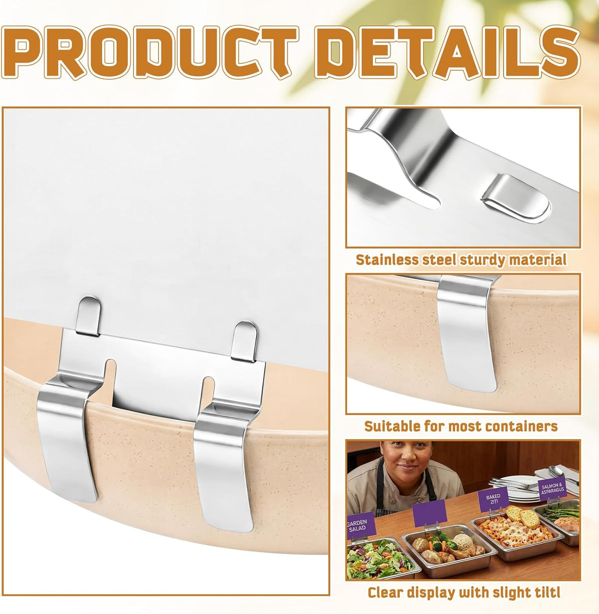 30 Pack Stainless Steel Pan Clips Metal Food Tray Label Sign Holder Clip on Buffet Label Holder for Bake Shops Retail Merchandise Restaurant Display