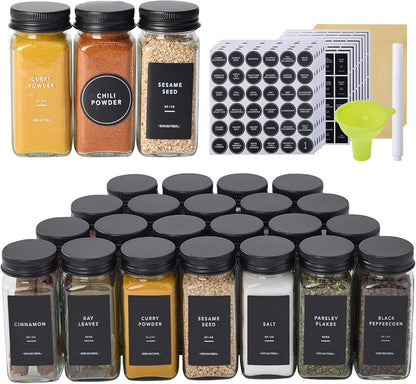 24 Glass Spice Jars with 576 Labels-Spice Jars with Black Metal Caps