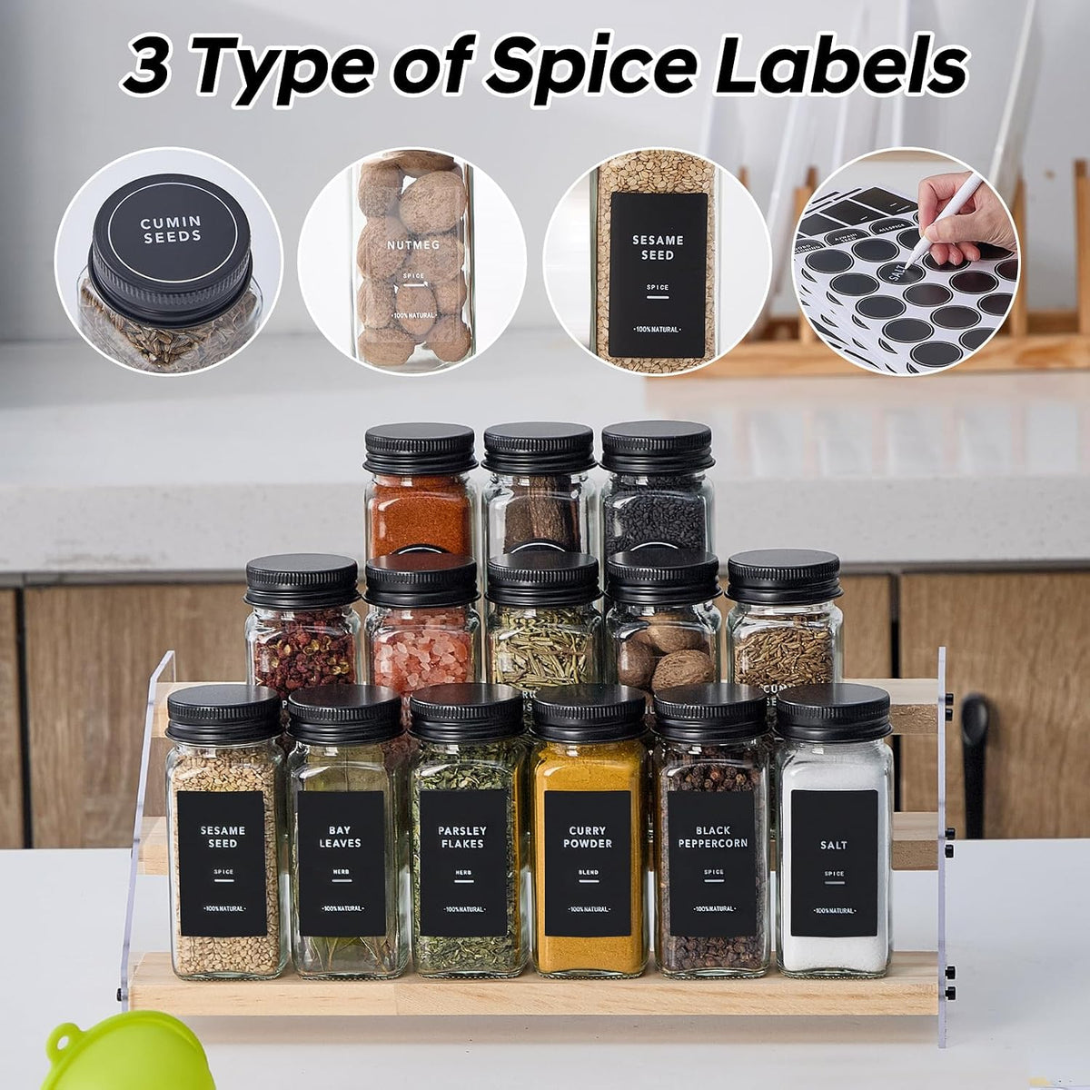 24 Glass Spice Jars with 576 Labels-Spice Jars with Black Metal Caps