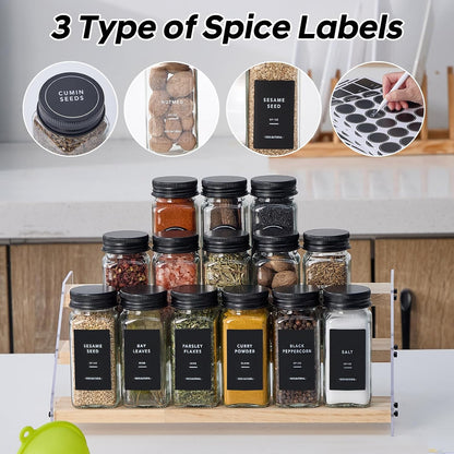 24 Glass Spice Jars with 576 Labels-Spice Jars with Black Metal Caps