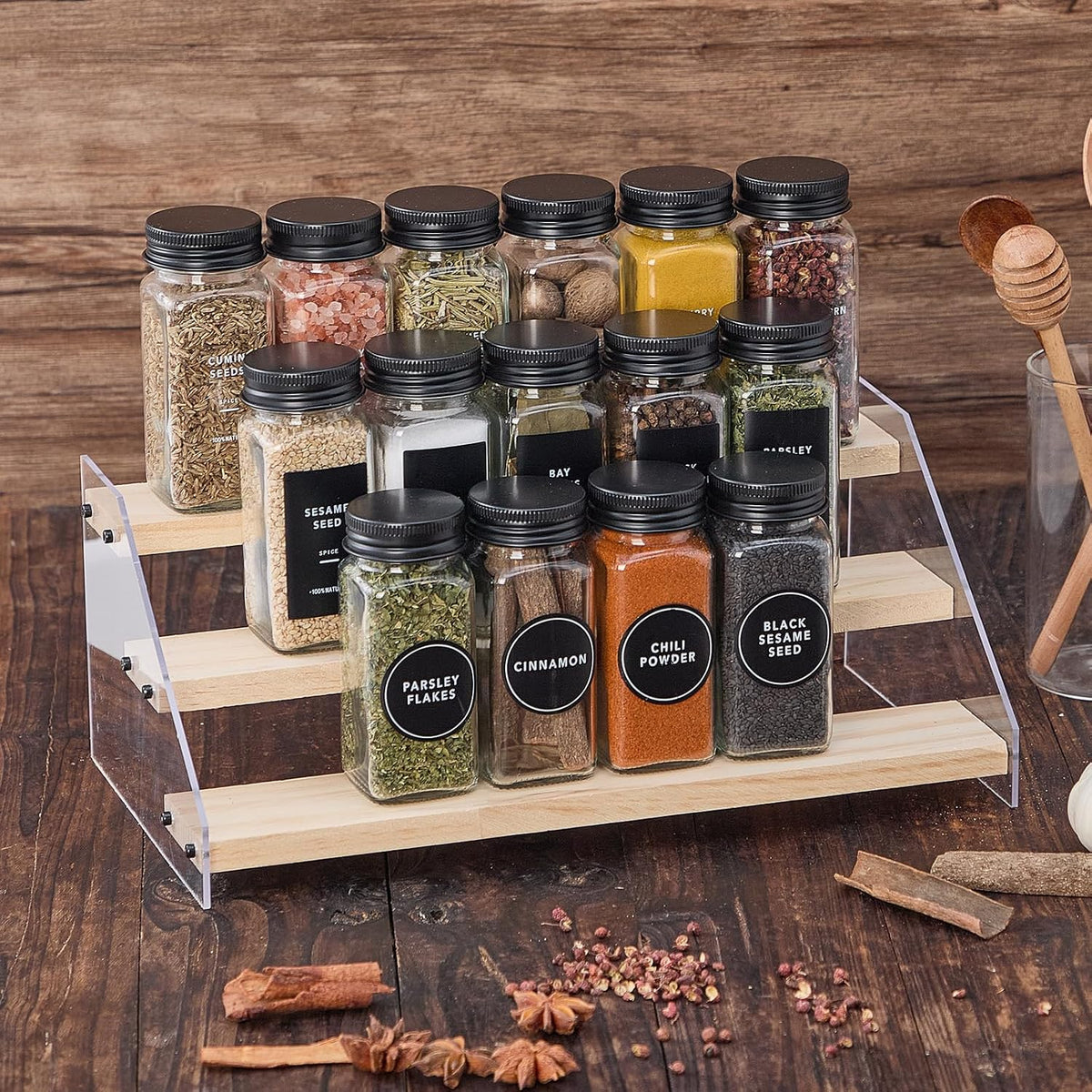24 Glass Spice Jars with 576 Labels-Spice Jars with Black Metal Caps