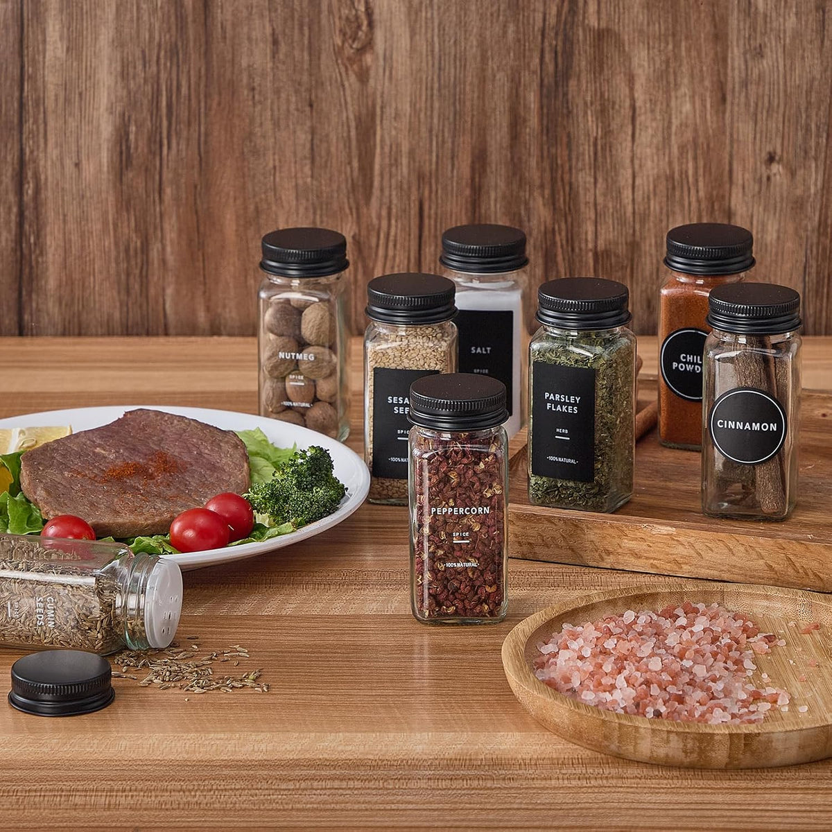 24 Glass Spice Jars with 576 Labels-Spice Jars with Black Metal Caps