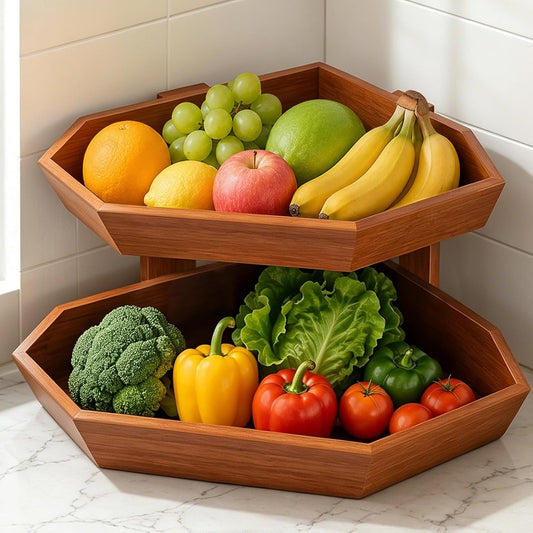 Wooden Fruit Basket for Kitchen Counter 2 Tier Fruit Bowl for Corner