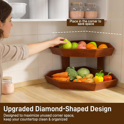 Wooden Fruit Basket for Kitchen Counter 2 Tier Fruit Bowl for Corner