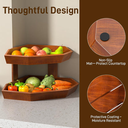 Wooden Fruit Basket for Kitchen Counter 2 Tier Fruit Bowl for Corner