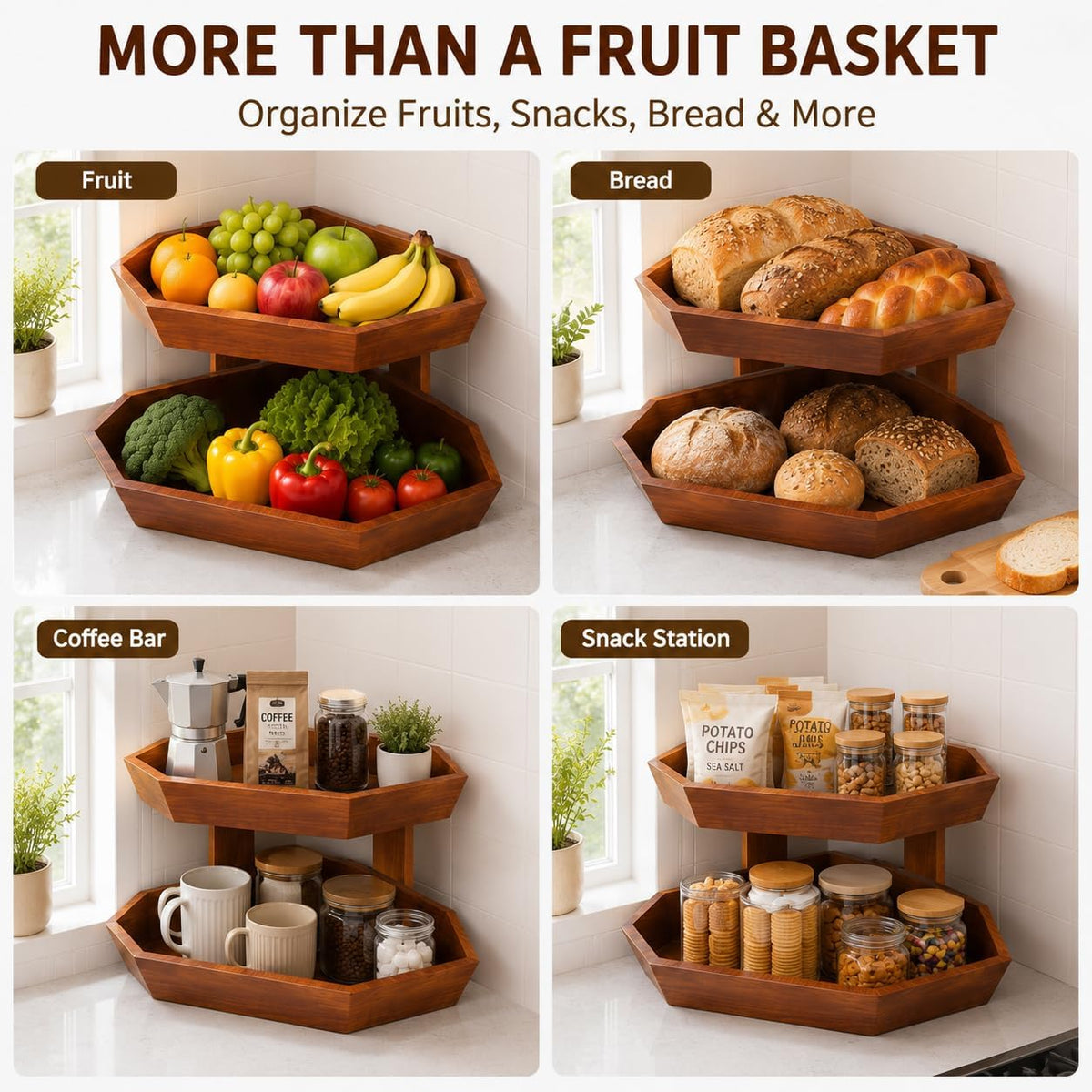 Wooden Fruit Basket for Kitchen Counter 2 Tier Fruit Bowl for Corner