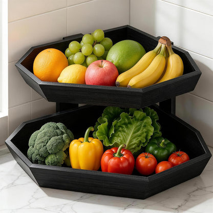 Wooden Fruit Basket for Kitchen Counter 2 Tier Fruit Bowl for Corner
