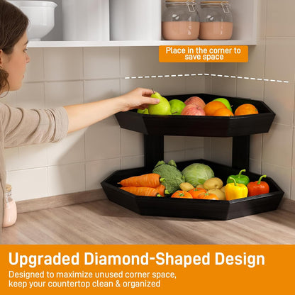 Wooden Fruit Basket for Kitchen Counter 2 Tier Fruit Bowl for Corner