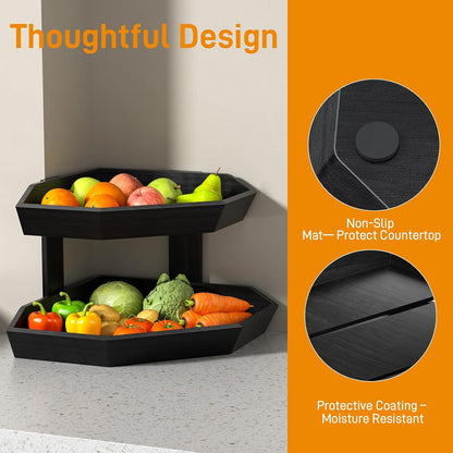 Wooden Fruit Basket for Kitchen Counter 2 Tier Fruit Bowl for Corner