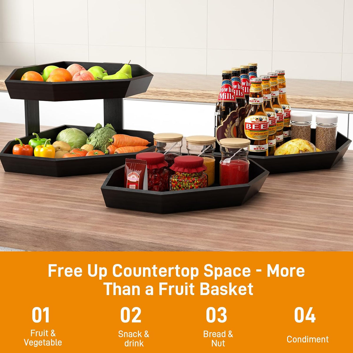 Wooden Fruit Basket for Kitchen Counter 2 Tier Fruit Bowl for Corner