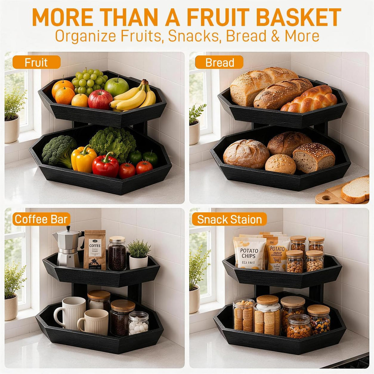 Wooden Fruit Basket for Kitchen Counter 2 Tier Fruit Bowl for Corner