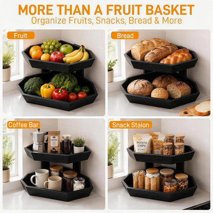 Wooden Fruit Basket for Kitchen Counter 2 Tier Fruit Bowl for Corner
