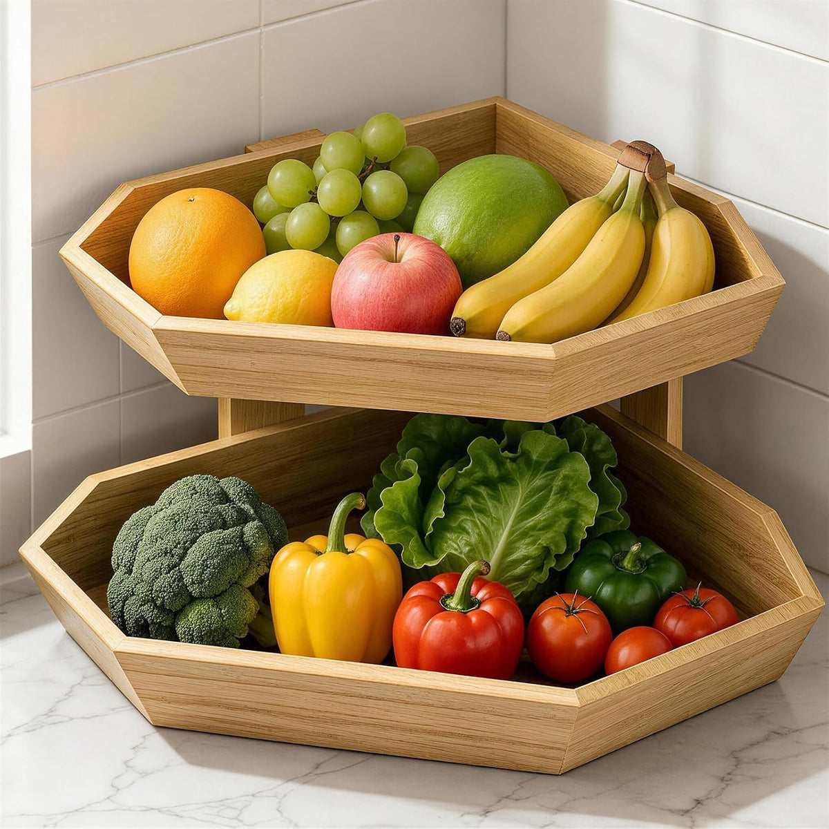 Wooden Fruit Basket for Kitchen Counter 2 Tier Fruit Bowl for Corner