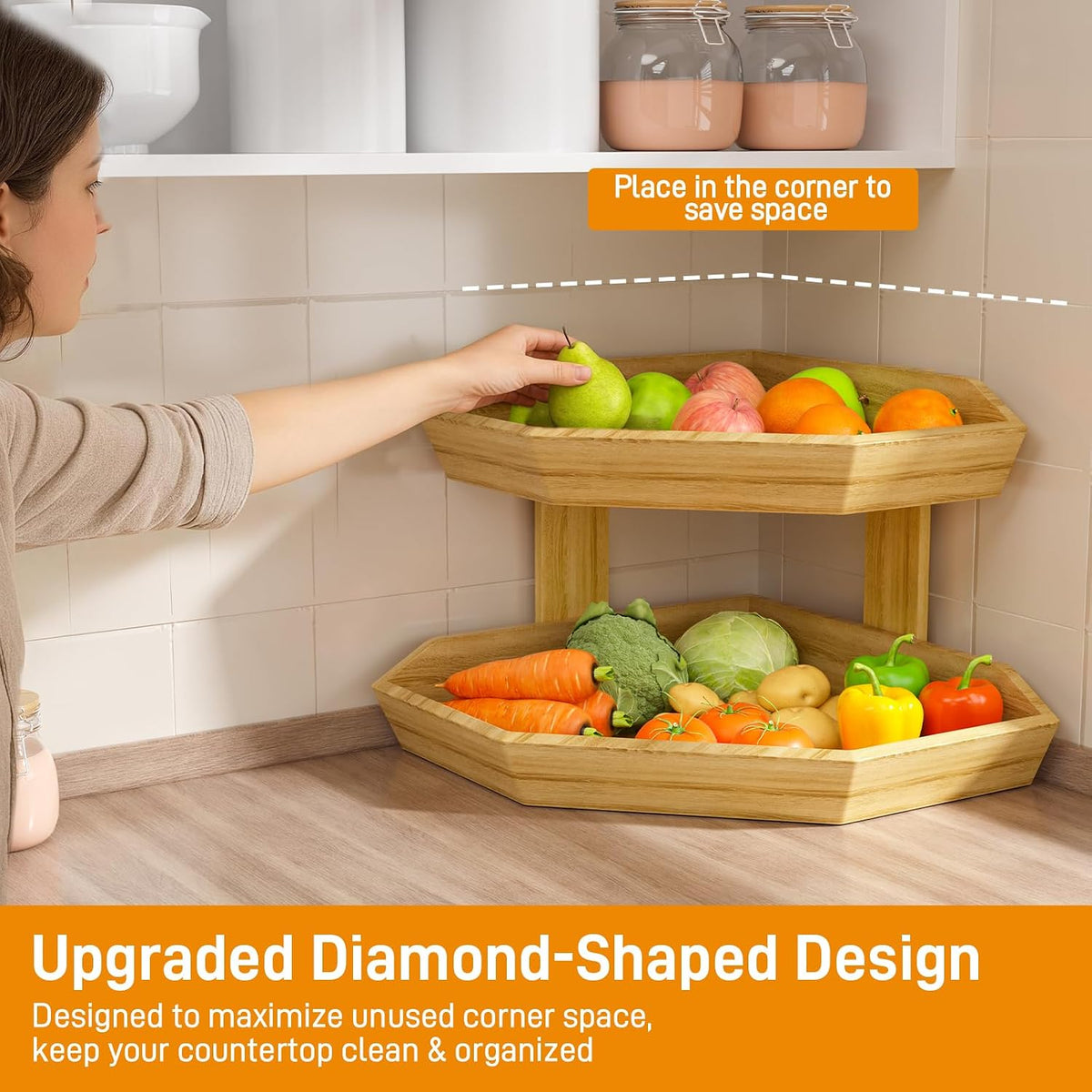 Wooden Fruit Basket for Kitchen Counter 2 Tier Fruit Bowl for Corner