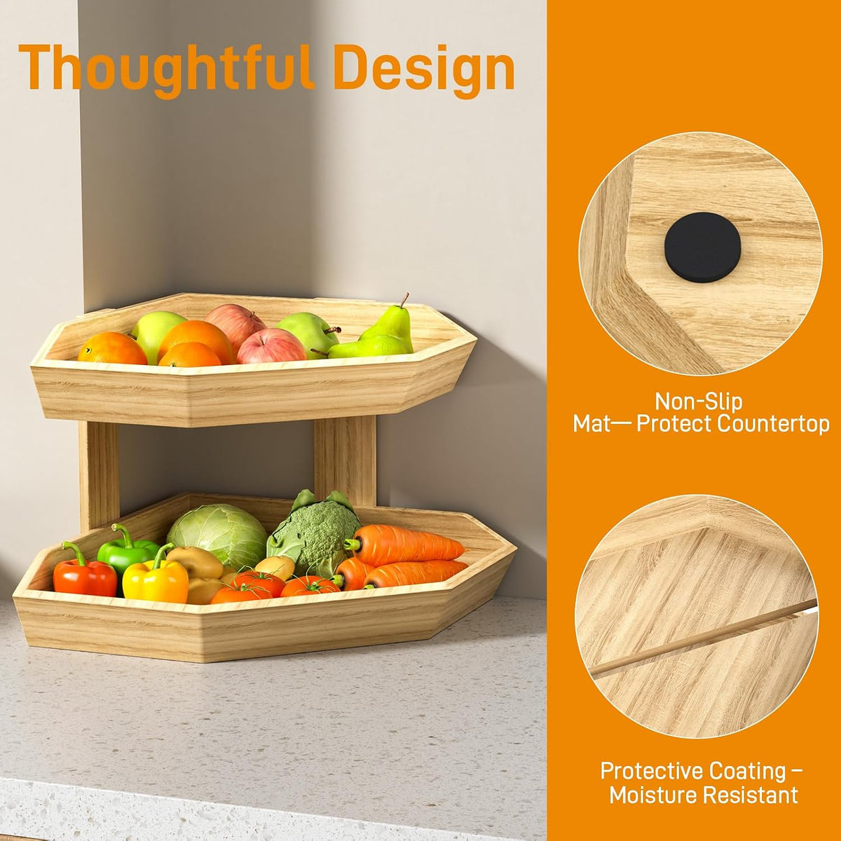 Wooden Fruit Basket for Kitchen Counter 2 Tier Fruit Bowl for Corner