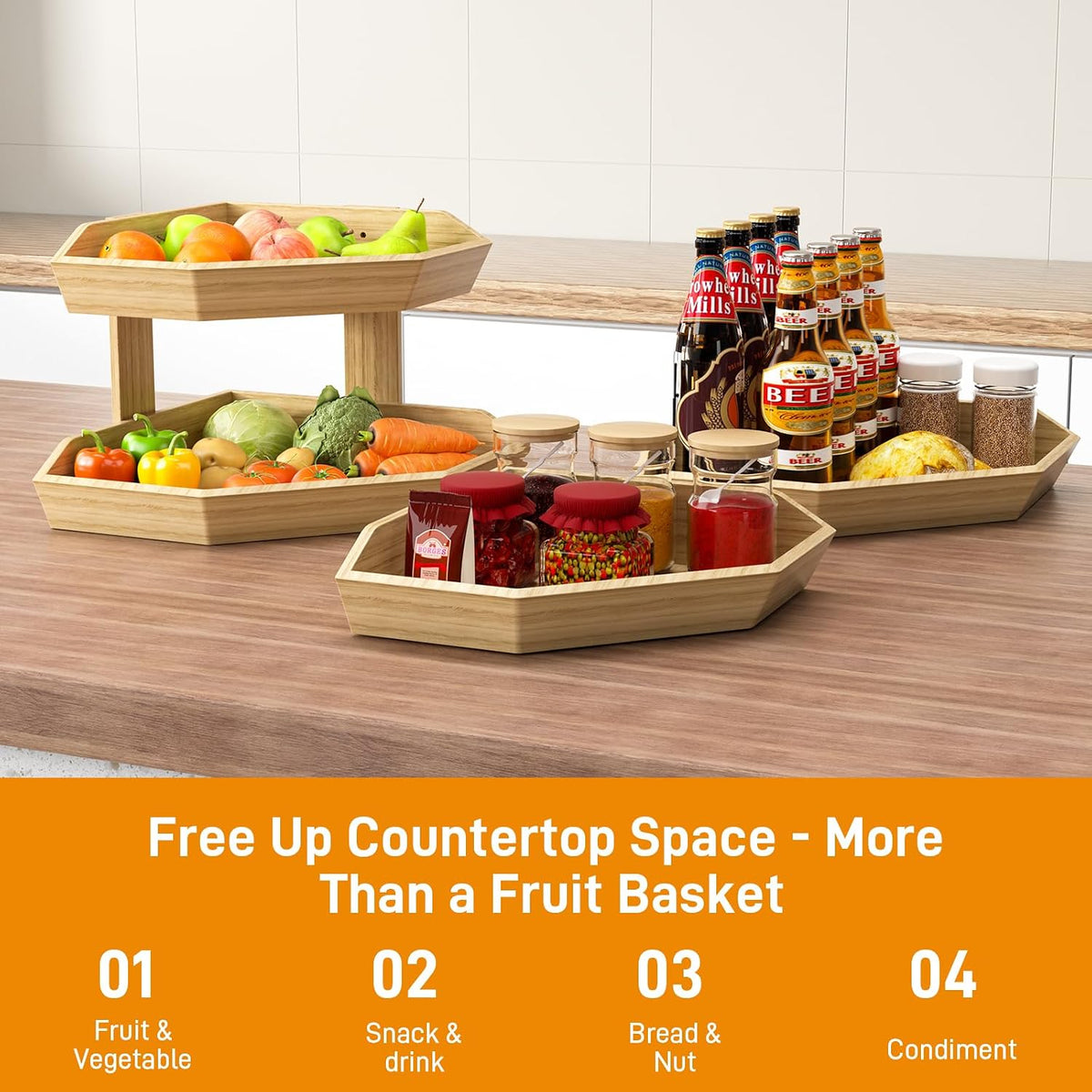 Wooden Fruit Basket for Kitchen Counter 2 Tier Fruit Bowl for Corner