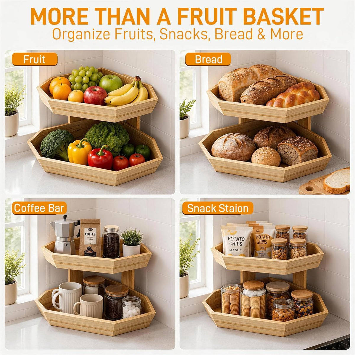 Wooden Fruit Basket for Kitchen Counter 2 Tier Fruit Bowl for Corner