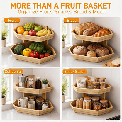 Wooden Fruit Basket for Kitchen Counter 2 Tier Fruit Bowl for Corner