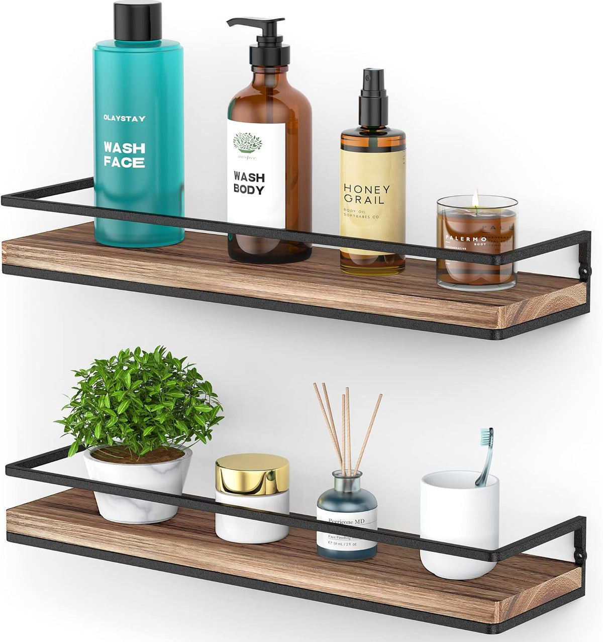 Floating Shelves Wall Mounted Set of 2, Rustic Wood Wall Storage Shelves for Bedroom,Living Room,Bathroom, Kitchen Torched Wood