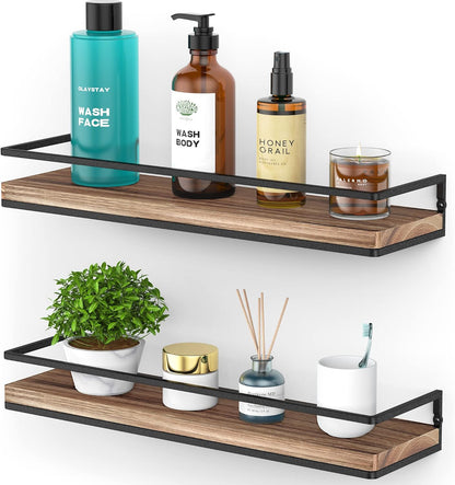 Floating Shelves Wall Mounted Set of 2, Rustic Wood Wall Storage Shelves for Bedroom,Living Room,Bathroom, Kitchen Torched Wood