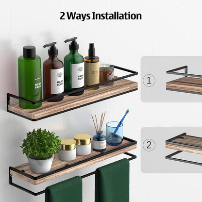 Floating Shelves Wall Mounted Set of 2, Rustic Wood Wall Storage Shelves for Bedroom,Living Room,Bathroom, Kitchen Torched Wood