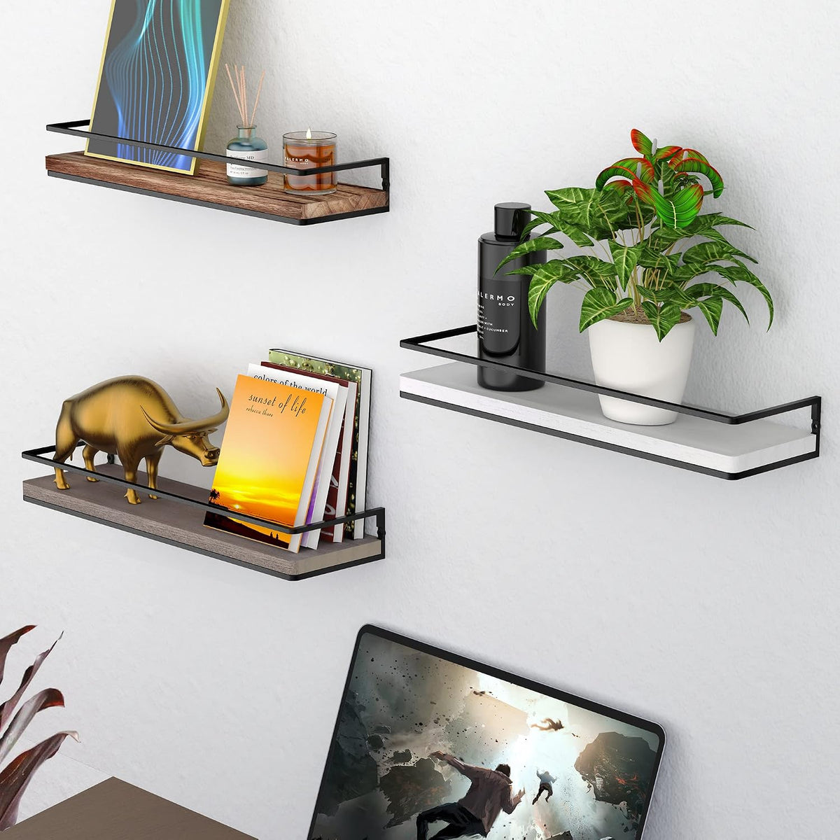 Floating Shelves Wall Mounted Set of 2, Rustic Wood Wall Storage Shelves for Bedroom,Living Room,Bathroom, Kitchen Torched Wood