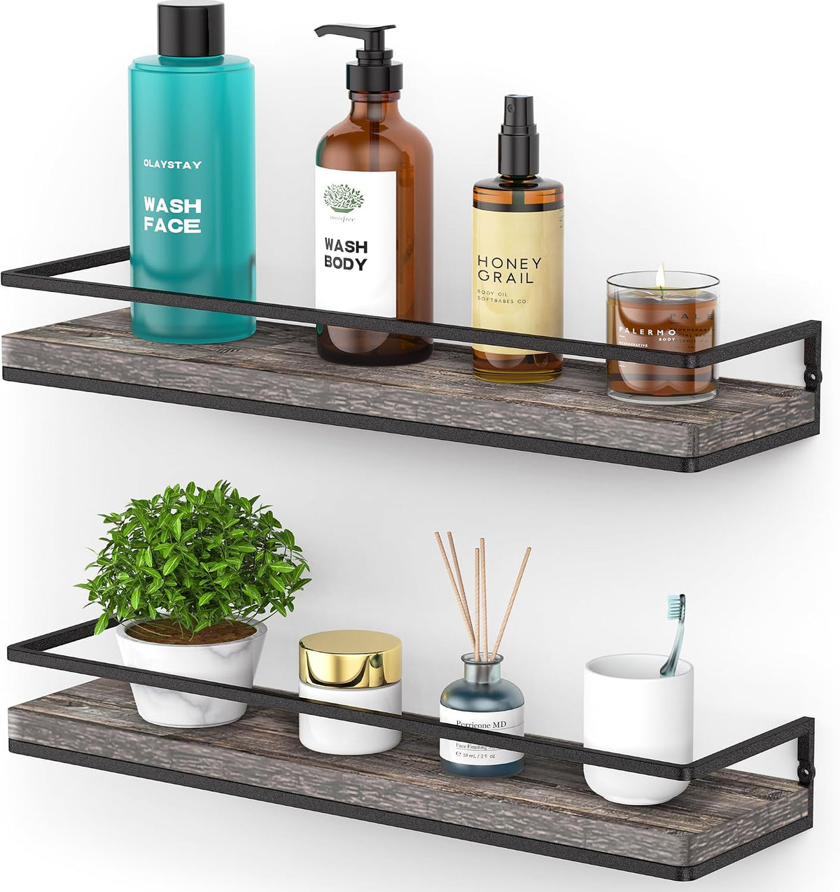 Floating Shelves Wall Mounted Set of 2, Rustic Wood Wall Storage Shelves for Bedroom,Living Room,Bathroom, Kitchen Torched Wood