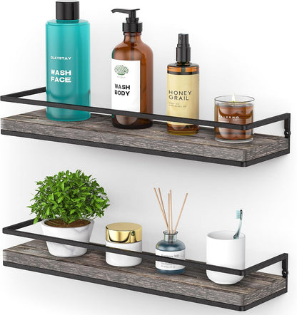 Floating Shelves Wall Mounted Set of 2, Rustic Wood Wall Storage Shelves for Bedroom,Living Room,Bathroom, Kitchen Torched Wood