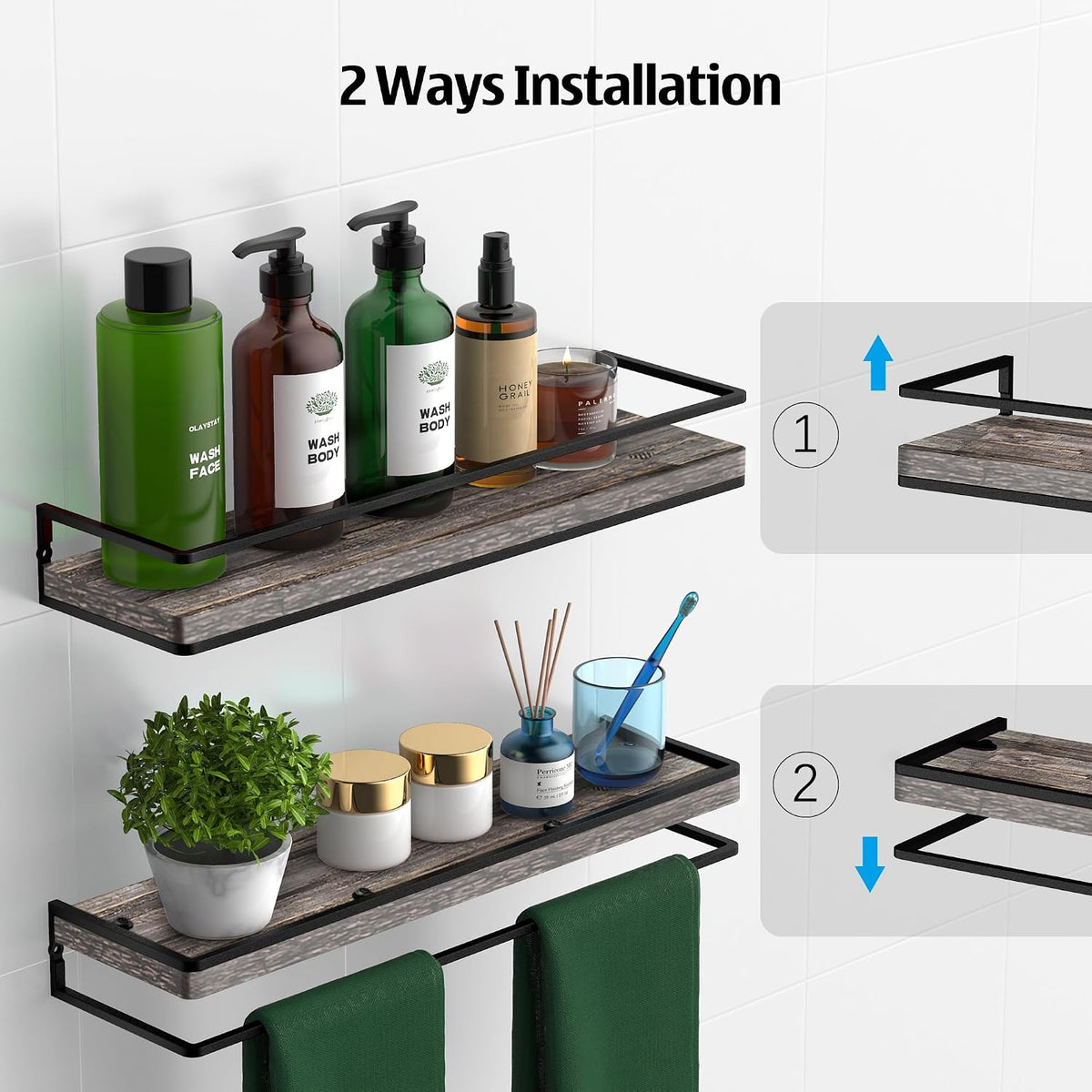 Floating Shelves Wall Mounted Set of 2, Rustic Wood Wall Storage Shelves for Bedroom,Living Room,Bathroom, Kitchen Torched Wood