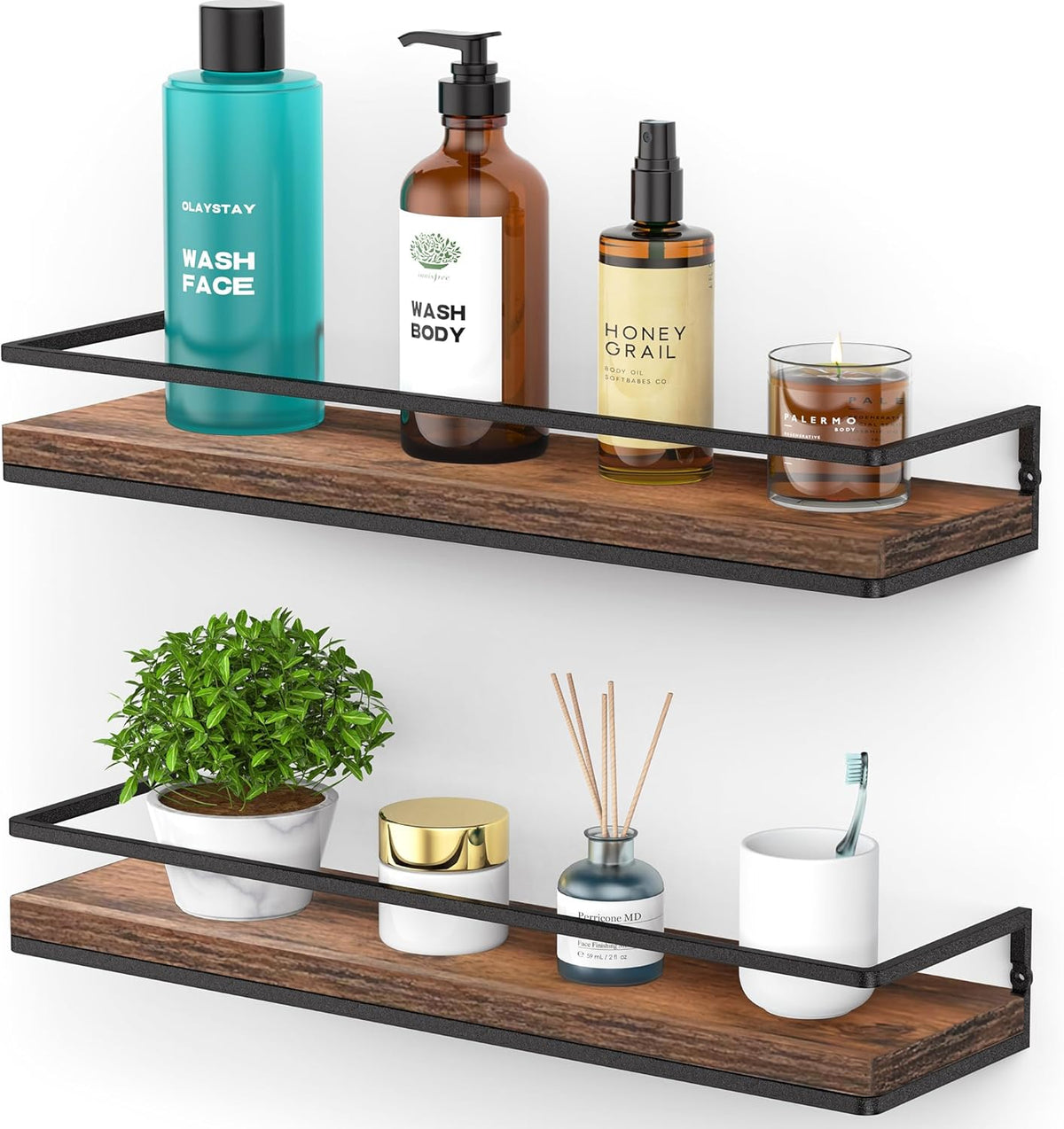 Floating Shelves Wall Mounted Set of 2, Rustic Wood Wall Storage Shelves for Bedroom,Living Room,Bathroom, Kitchen Torched Wood