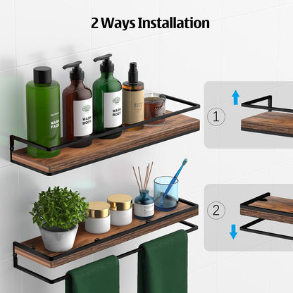 Floating Shelves Wall Mounted Set of 2, Rustic Wood Wall Storage Shelves for Bedroom,Living Room,Bathroom, Kitchen Torched Wood