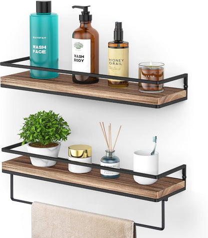 Floating Shelves Wall Mounted Set of 2, Rustic Wood Wall Storage Shelves for Bedroom,Living Room,Bathroom, Kitchen Torched Wood