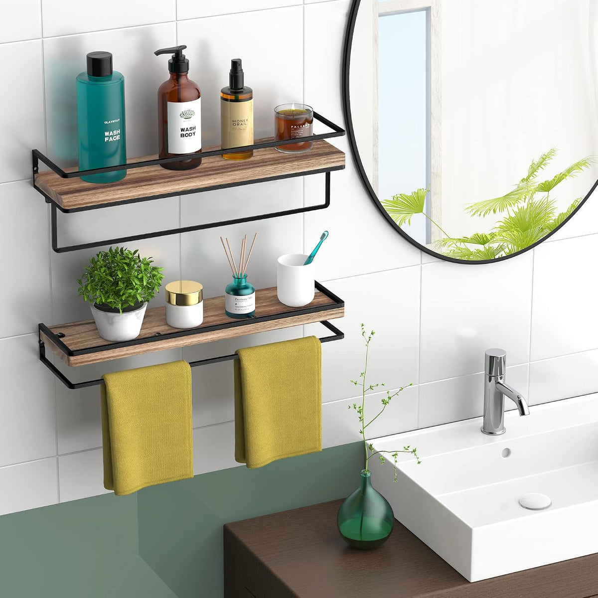 Floating Shelves Wall Mounted Set of 2, Rustic Wood Wall Storage Shelves for Bedroom,Living Room,Bathroom, Kitchen Torched Wood