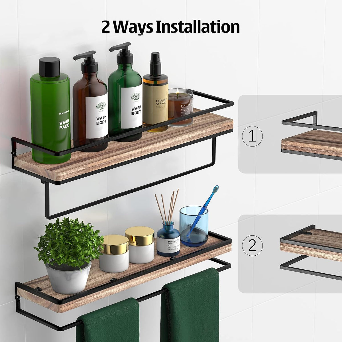 Floating Shelves Wall Mounted Set of 2, Rustic Wood Wall Storage Shelves for Bedroom,Living Room,Bathroom, Kitchen Torched Wood