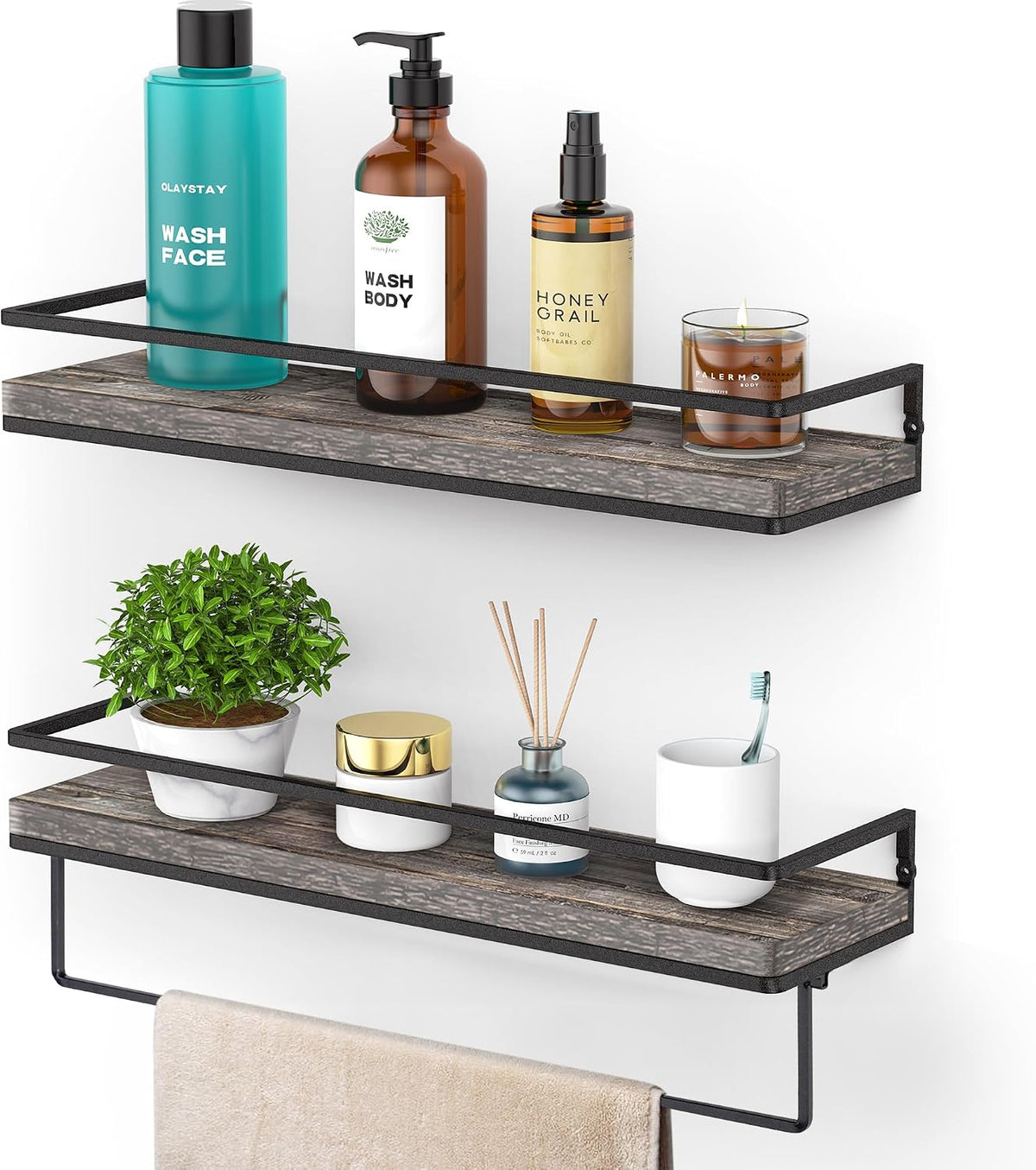 Floating Shelves Wall Mounted Set of 2, Rustic Wood Wall Storage Shelves for Bedroom,Living Room,Bathroom, Kitchen Torched Wood