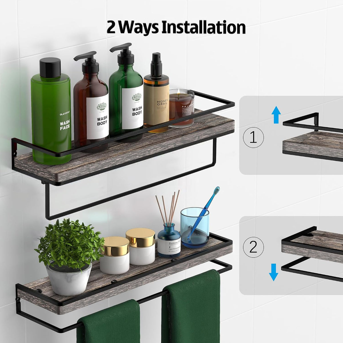 Floating Shelves Wall Mounted Set of 2, Rustic Wood Wall Storage Shelves for Bedroom,Living Room,Bathroom, Kitchen Torched Wood