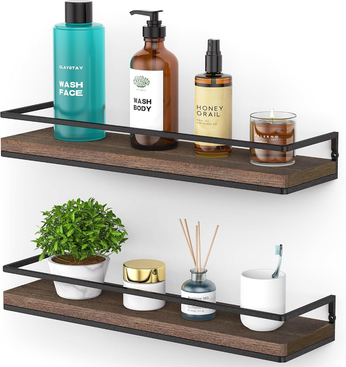 Floating Shelves Wall Mounted Set of 2, Rustic Wood Wall Storage Shelves for Bedroom,Living Room,Bathroom, Kitchen Torched Wood