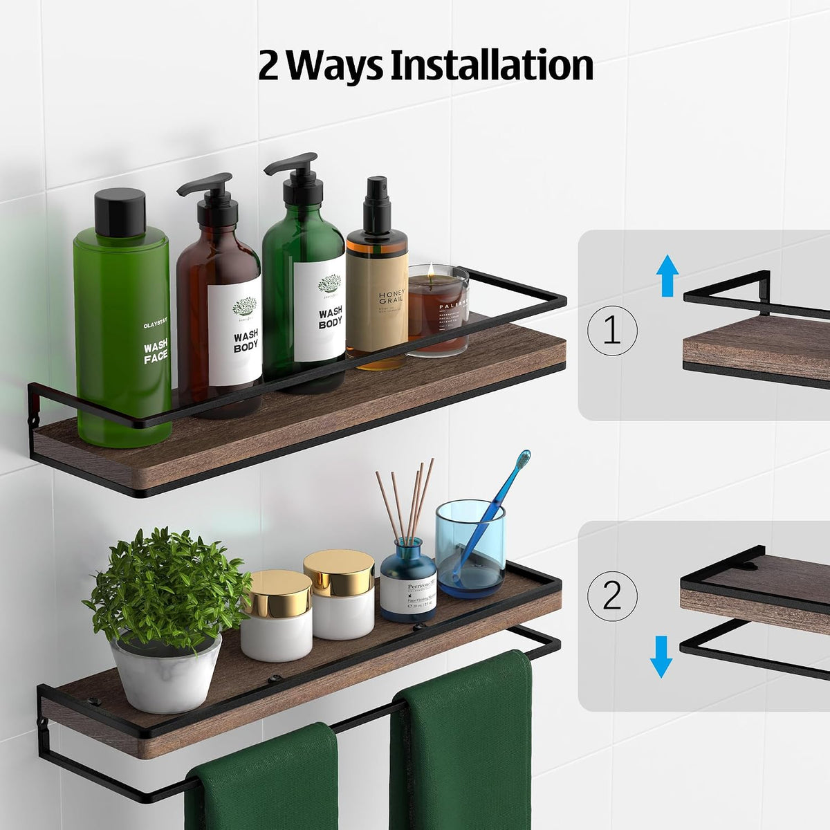 Floating Shelves Wall Mounted Set of 2, Rustic Wood Wall Storage Shelves for Bedroom,Living Room,Bathroom, Kitchen Torched Wood