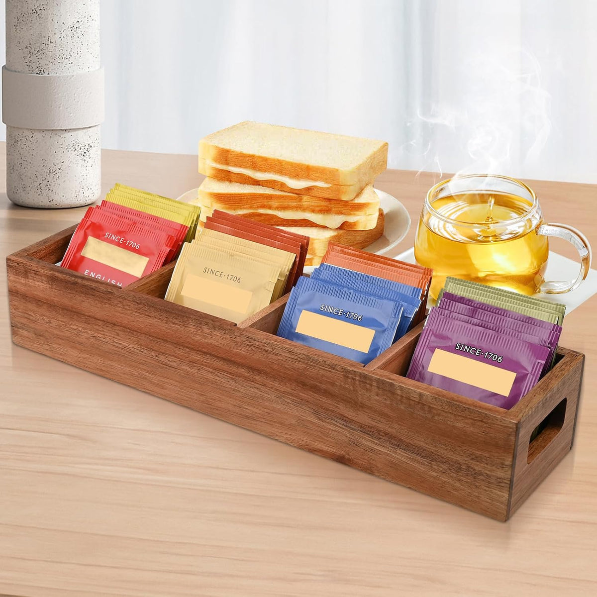 Acacia Wood Tea Bag Organizer with 4 Slots – Tea Bag Holder and Tea Organizer, Sugar Packet Storage for Countertops