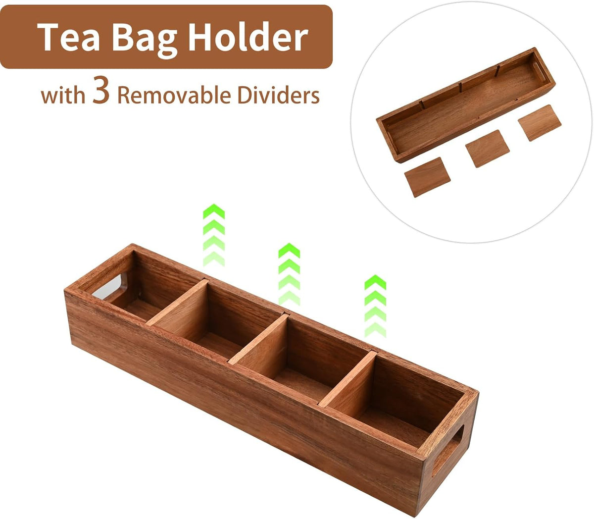 Acacia Wood Tea Bag Organizer with 4 Slots – Tea Bag Holder and Tea Organizer, Sugar Packet Storage for Countertops