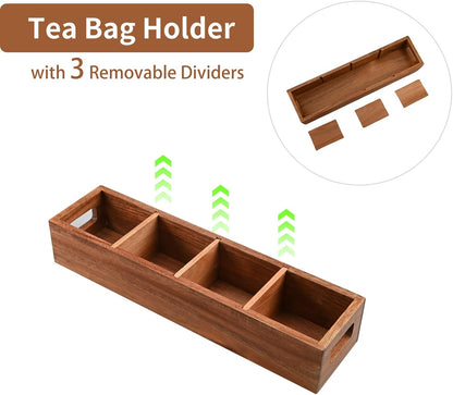 Acacia Wood Tea Bag Organizer with 4 Slots – Tea Bag Holder and Tea Organizer, Sugar Packet Storage for Countertops