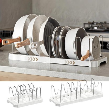 Expandable Pot and Pan Organizer Rack for Kitchen Cabinet or Under Sink, Adjustable Lid Holder with 7 Dividers, Space-Saving Storage for Renters, Small Homes, and Busy Cooks, White