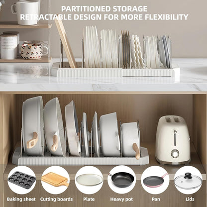 Expandable Pot and Pan Organizer Rack for Kitchen Cabinet or Under Sink, Adjustable Lid Holder with 7 Dividers, Space-Saving Storage for Renters, Small Homes, and Busy Cooks, White