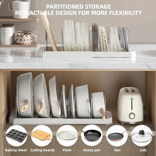 Expandable Pot and Pan Organizer Rack for Kitchen Cabinet or Under Sink, Adjustable Lid Holder with 7 Dividers, Space-Saving Storage for Renters, Small Homes, and Busy Cooks, White
