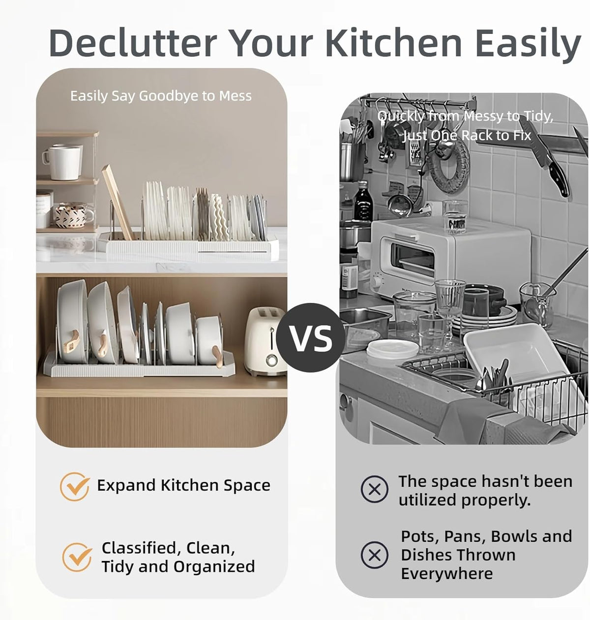 Expandable Pot and Pan Organizer Rack for Kitchen Cabinet or Under Sink, Adjustable Lid Holder with 7 Dividers, Space-Saving Storage for Renters, Small Homes, and Busy Cooks, White
