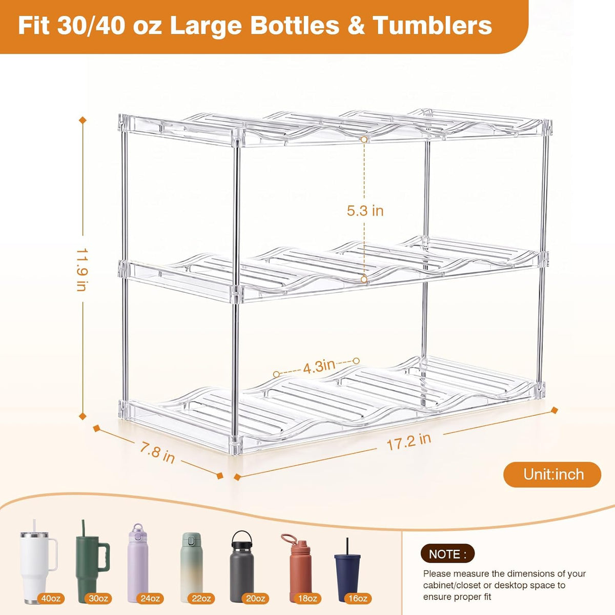 Large Compartment Water Bottle Organizer, Stackable Water Bottle Holder for Stanley 40 oz Tumbler, Clear Tumbler Organizer for Cabinet, Kitchen Pantry or Countertop