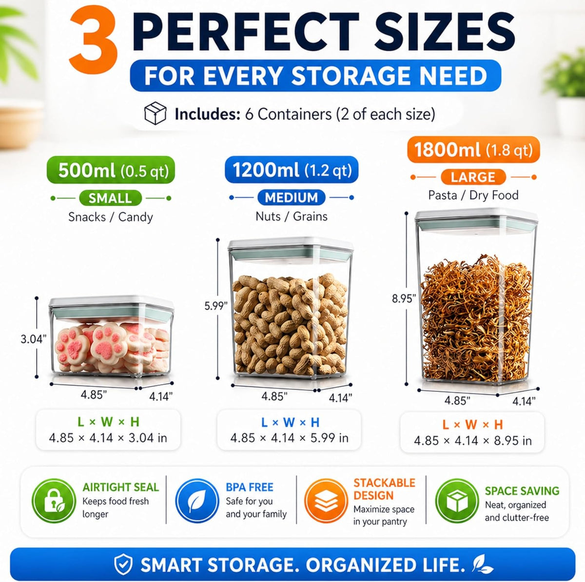 Airtight Food Storage Containers with Lids – 6 Pack BPA-Free Pop Containers for Pantry Organization, Cereal, Flour, Rice, Sugar – Stackable Kitchen Canisters (0.5, 1.2, 1.8 Qt) Set of 6